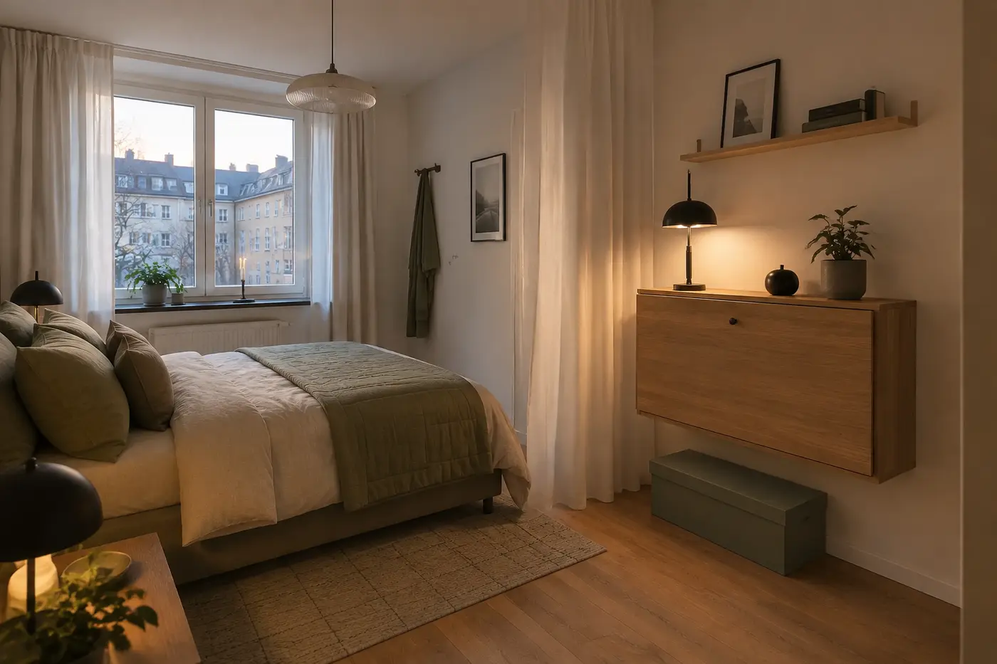 Kleines Schlafzimmer mit geschlossenem Sekretär und leichter Abtrennung zwischen Bett und Arbeitsbereich