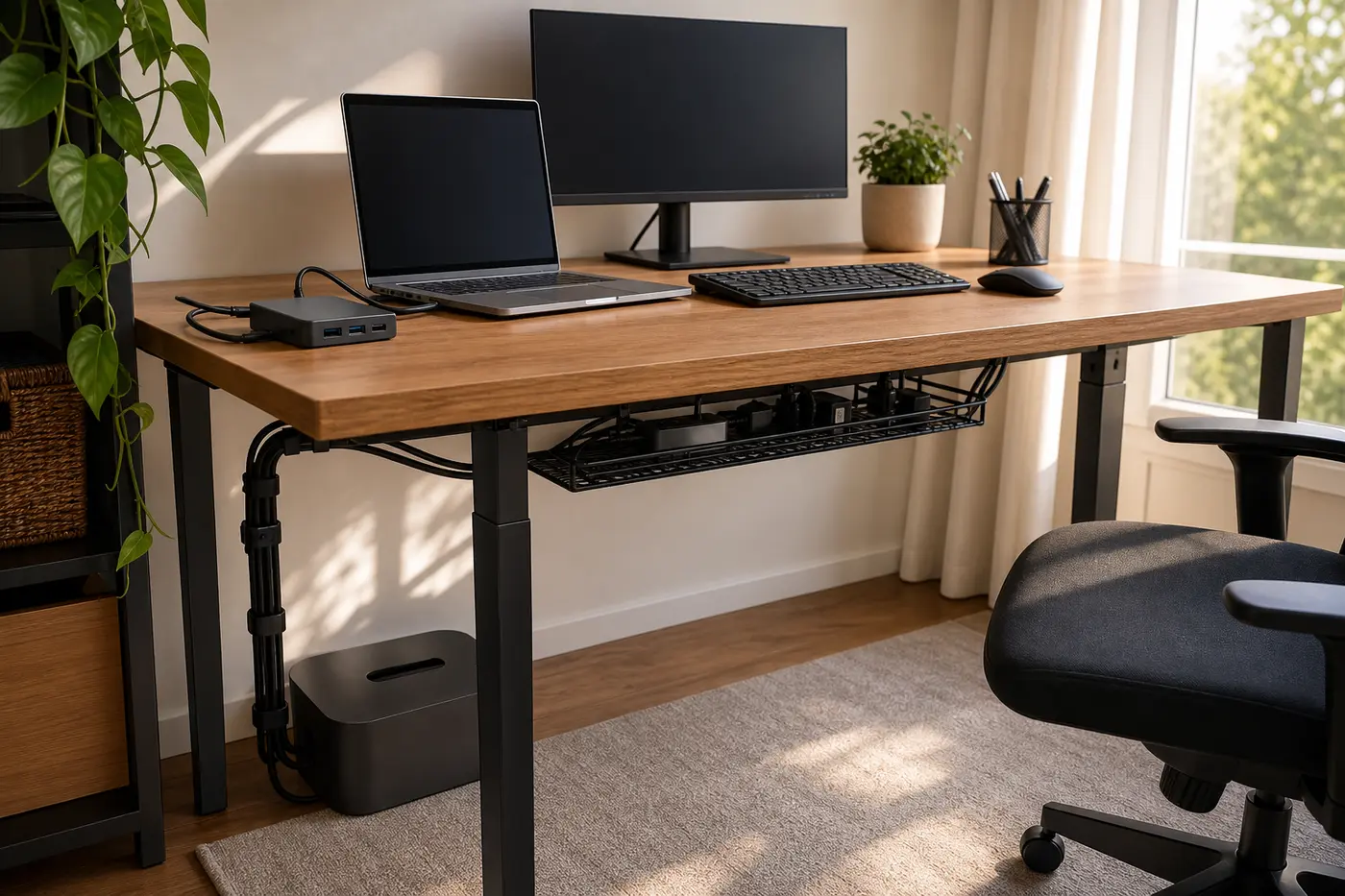 Kleiner Homeoffice-Schreibtisch mit ordentlich geführten Kabeln