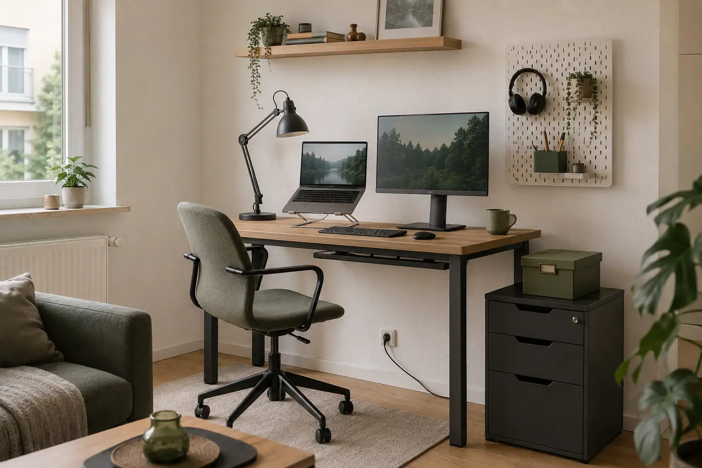 Kleines Homeoffice im Wohnzimmer mit schmalem Schreibtisch