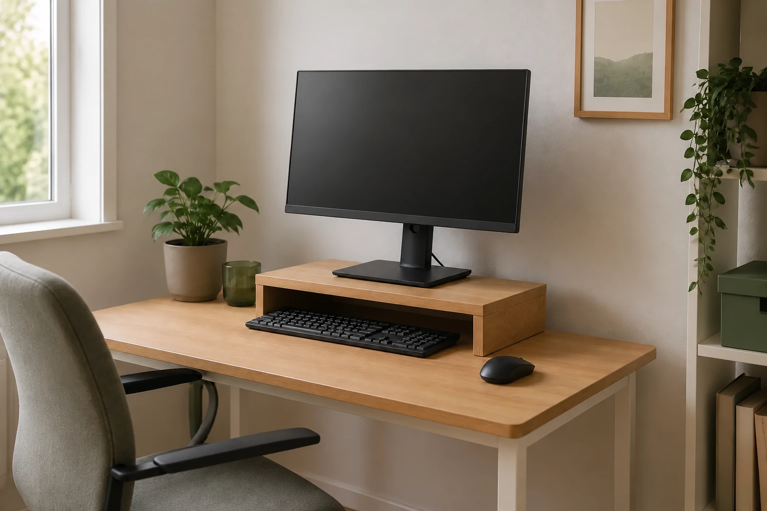 Kleiner Schreibtisch mit Monitorerhöhung und offenem Stauraum