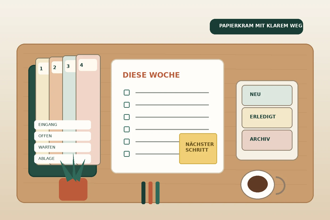Illustration eines kleinen Schreibtischs mit geordneten Papierablagen