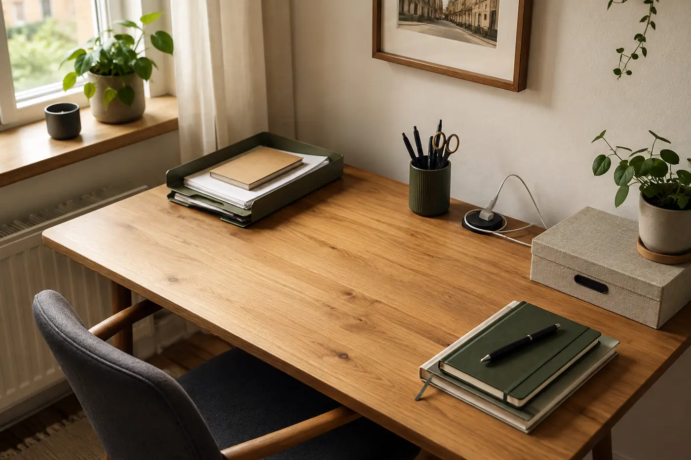 Kleiner Schreibtisch mit klaren Arbeitszonen und freier Fläche