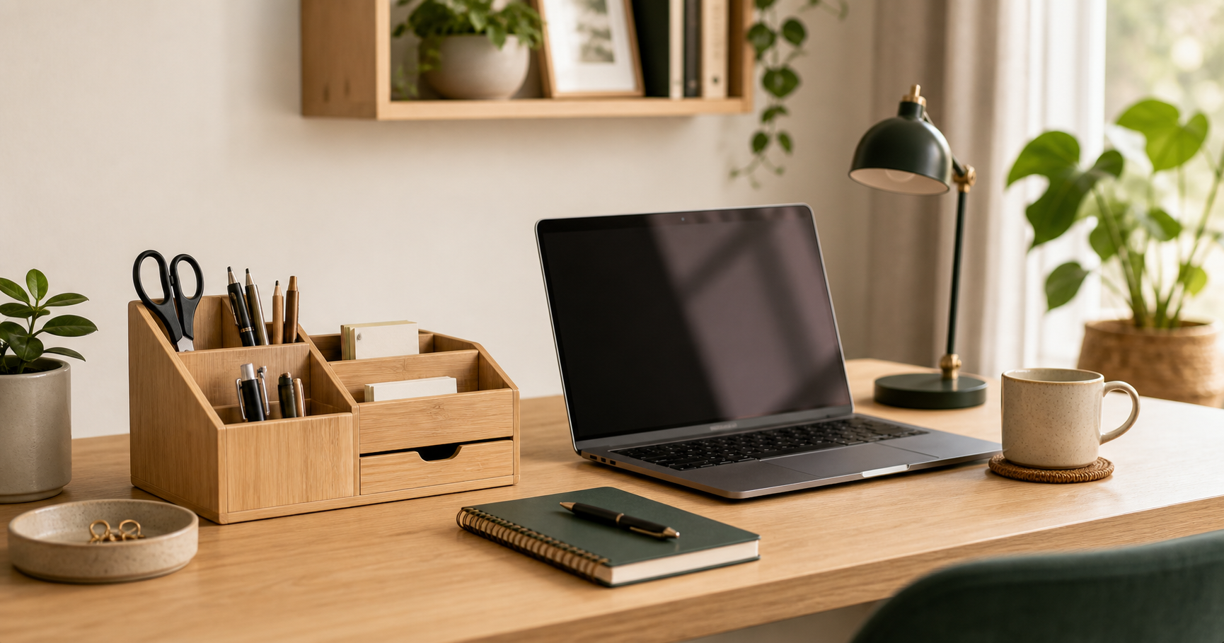 Aufgeräumter kleiner Schreibtisch mit Organizer, Pflanze und Laptop